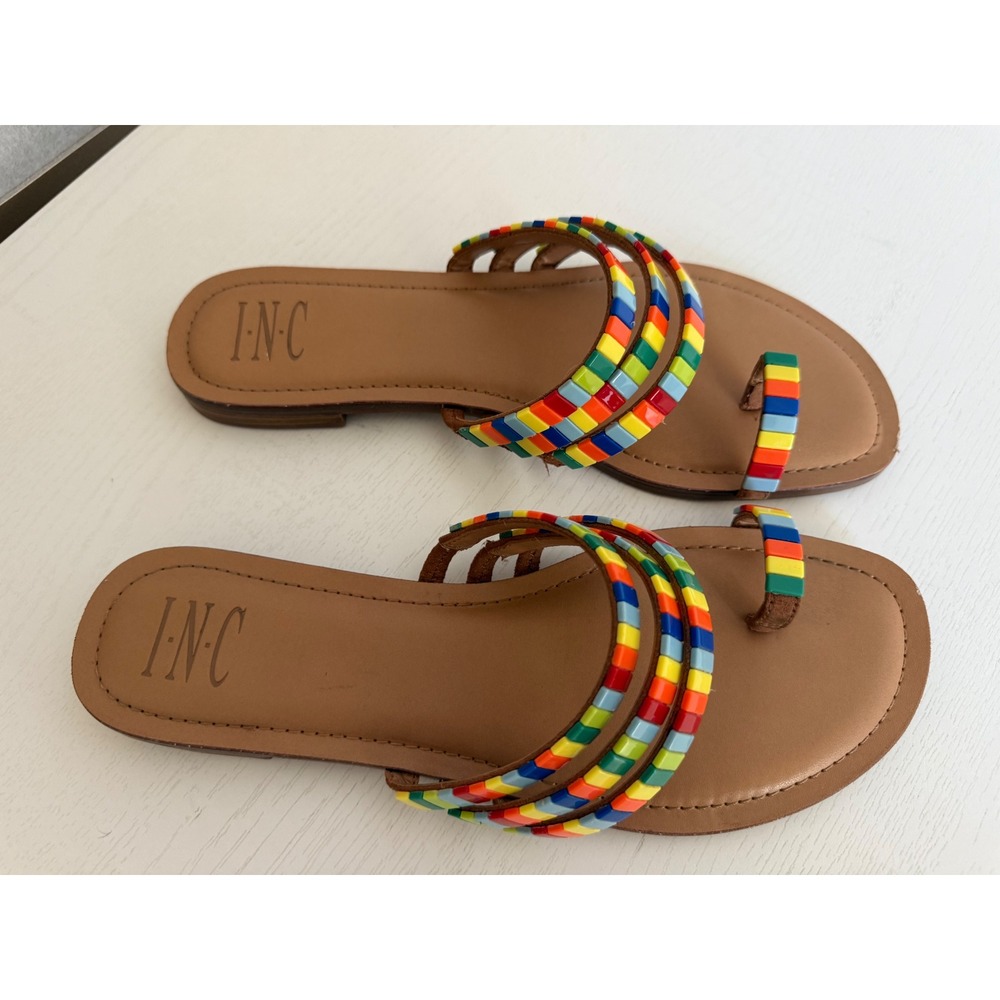 INC International Concepts Womens 8M Multi Color Beaded Toe Loop Flat Sandals